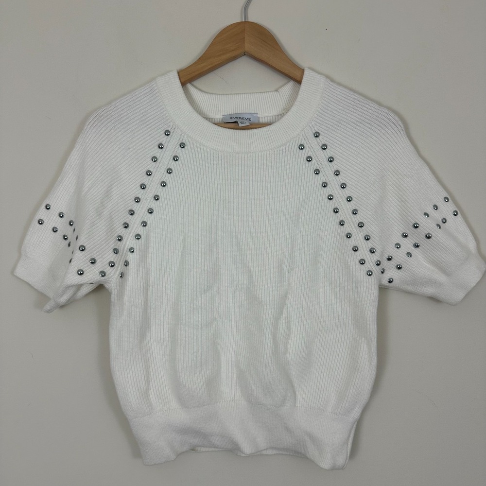 Evereve Sweater White Rib Knit Studded Rayon Rocker Chic Minimalist Womens XS